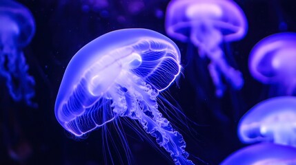 Illuminated jellyfish gracefully drift in aquarium's dark depths