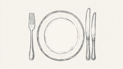 Hand drawn illustration of a place setting with plate fork and knives on a light background