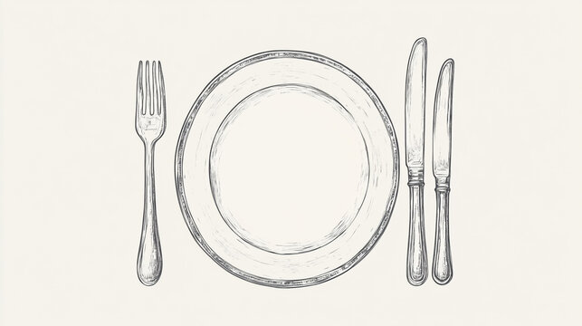 Hand drawn illustration of a place setting with plate fork and knives on a light background