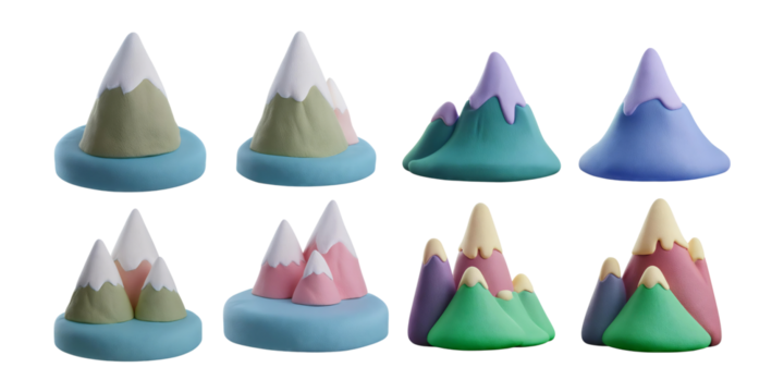 Colorful Mountain Range Sculptures in Playful Design for Decor, isolated on transparent background