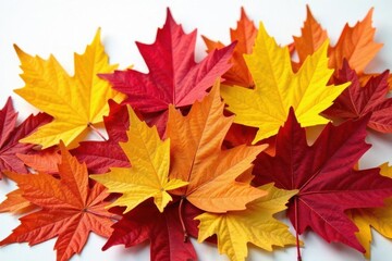 Pile of assorted maple leaves, various hues, white backdrop , fall leaves, stock photo