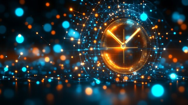 A glowing digital clock face appears within a complex network of interconnected blue and orange light particles symbolizing data flow.