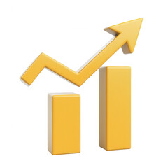 A modern 3D rendering of bar graphs with an upward arrow symbolizing growth and success in business. Ideal for presentations and financial reports.