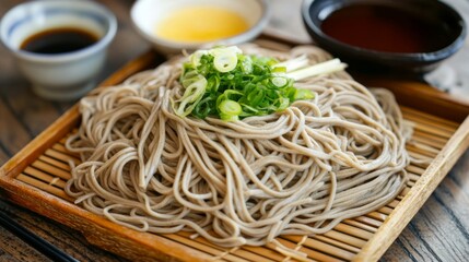 An artistic arrangement of fresh soba noodles, accompanied by dipping sauces and garnishes like scallions and wasabi, displayed on a rustic wooden board.