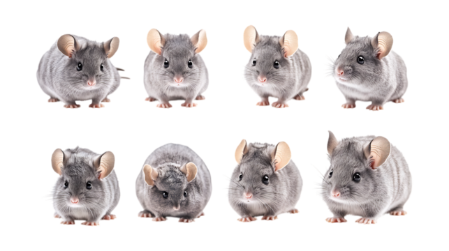 Pack Cuddly Chinchilla set in Different Poses Against Transparent Background for Small Pet Illustrations, Cute Animal Art, or Soft Fur Designs
