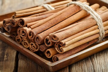 Aromatic Cinnamon Sticks Bundled in Rustic Wooden Tray. A close-up image of fragrant cinnamon sticks tied together with twine, resting on a weathered wooden surface.