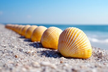 Row of Yellow Seashells on Sandy Beach with Ocean View