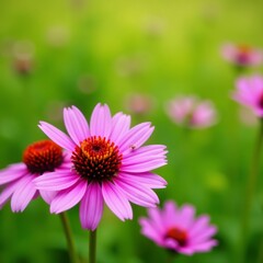 Fototapeta premium Beautiful cornflowers in focus with green plants in the background, blue, nature