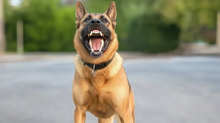 A fierce dog barking in an outdoor setting, showcasing its strength and alertness.