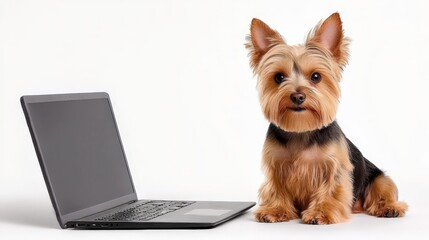 A dog sits next to a laptop, showcasing a blend of technology and companionship.