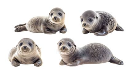Pack Snuggly Seal set in Different Poses Against Transparent Background for Ocean Illustrations, Marine Wildlife Art, or Cute Animal Designs