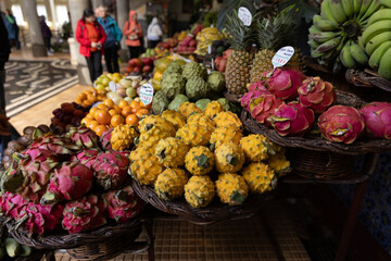 A fruit stall in a food market in Funchal Madeira - Mercado dos Lavradores