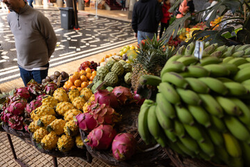 A fruit stall in a food market in Funchal Madeira - Mercado dos Lavradores
