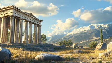 Obraz premium Enchanting Greek temple resting peacefully among blossoms and peaks