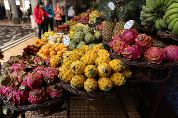 A fruit stall in a food market in Funchal Madeira - Mercado dos Lavradores