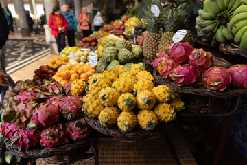 A fruit stall in a food market in Funchal Madeira - Mercado dos Lavradores