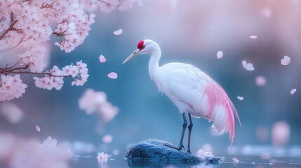 Naklejka premium Crane Amidst Pink Cherry Blossoms
