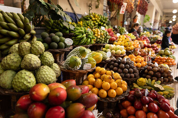 A fruit stall in a food market in Funchal Madeira - Mercado dos Lavradores