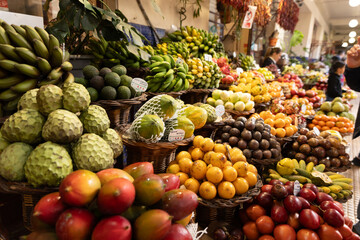 A fruit stall in a food market in Funchal Madeira - Mercado dos Lavradores