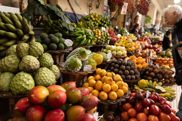 A fruit stall in a food market in Funchal Madeira - Mercado dos Lavradores