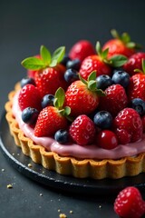 Beautifully arranged fruit tart with assortment of berries, tasty, fruit, pastry