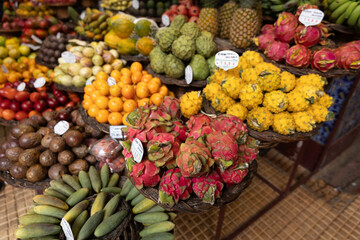 A fruit stall in a food market in Funchal Madeira - Mercado dos Lavradores