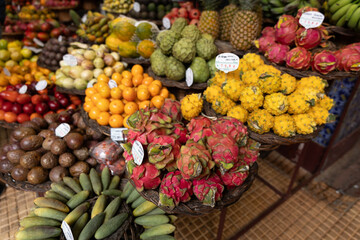 A fruit stall in a food market in Funchal Madeira - Mercado dos Lavradores