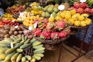 A fruit stall in a food market in Funchal Madeira - Mercado dos Lavradores