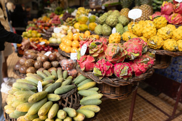A fruit stall in a food market in Funchal Madeira - Mercado dos Lavradores