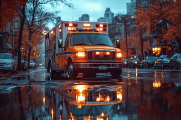 Obraz premium Reflection of an Ambulance in a Puddle on a Quiet Road During Sunset