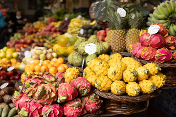 A fruit stall in a food market in Funchal Madeira - Mercado dos Lavradores