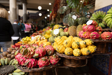 A fruit stall in a food market in Funchal Madeira - Mercado dos Lavradores
