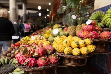 A fruit stall in a food market in Funchal Madeira - Mercado dos Lavradores