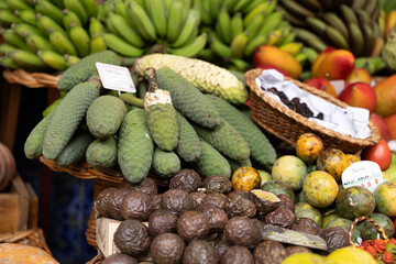 A fruit stall in a food market in Funchal Madeira - Mercado dos Lavradores