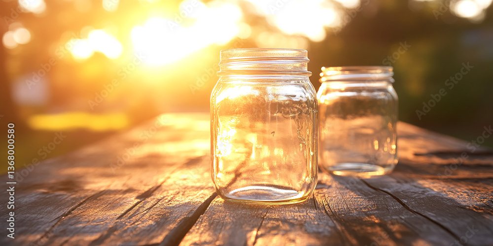 Poster two empty glass jars sit on a rustic wooden surface, bathed in warm sunset light. the scene evokes f