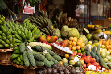 A fruit stall in a food market in Funchal Madeira - Mercado dos Lavradores