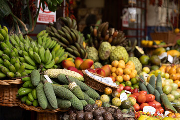 A fruit stall in a food market in Funchal Madeira - Mercado dos Lavradores
