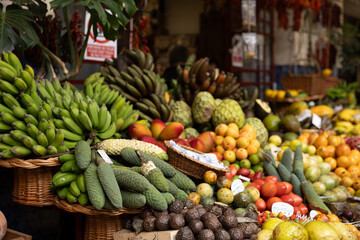 A fruit stall in a food market in Funchal Madeira - Mercado dos Lavradores