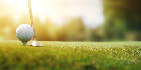 Golf ball and club on the tee box, green grass background, banner design. Close-up shooting,
