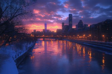 Fototapeta premium Skyline Glows at Dusk as the City Transforms Into a Vibrant Night Scene Over the River