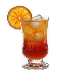 A refreshing iced tea cocktail served in a stylish glass, garnished with a slice of orange and ice cubes, perfect for summer enjoyment.