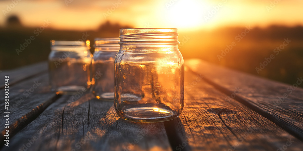 Aufkleber Empty glass jars on rustic wooden table at sunset, backlit by warm golden light, showcasing simplicity and potential, ideal for product display or rustic themes