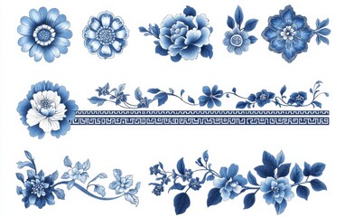 Blue and white floral design elements, decorative borders, for textile or print