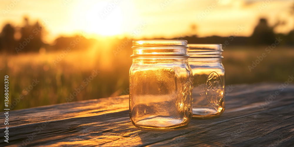 Poster two empty glass jars on rustic wooden table at sunset, backlit by warm golden light, suggesting tran