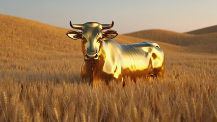 Golden cow statue in wheat field