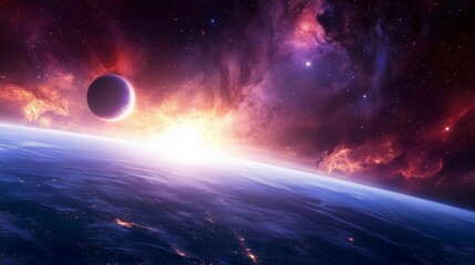 Obraz premium A beautiful and colorful space scene with a large planet and a smaller one in the background. The sky is filled with stars and the sun is shining brightly