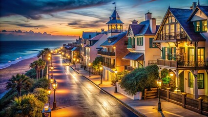 Naklejka premium Rosemary Beach Florida Night Photography: Scenic Coastal Town at Dusk