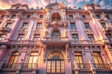 Fototapeta premium Rose-Tinted Architectural Vista: Dreamy Building Facade in Soft Pink Hues