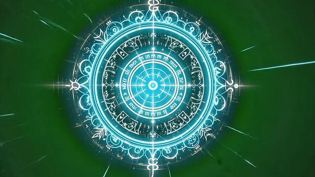 Mystical Cosmic Symbol: A radiant symbol, swirling with cryptic inscriptions and intricate geometric patterns, pulsates with an ethereal glow against a vibrant backdrop.