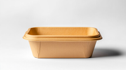 A tan rectangular container with a lid sitting on a white surface in a studio setting light